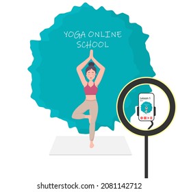 Women yoga. A cute girl leads a live broadcast of yoga lessons in an online yoga studio school. Online yoga training. Vector illustration.