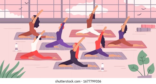 Women yoga group. Vector illustration. Yoga exercise training, fitness pose woman, activity physical asana. Position balance and stretching