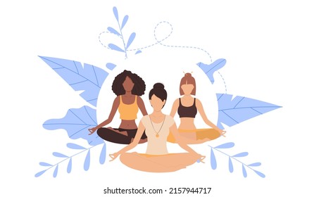 Women yoga. Women meditating in lotus pose. Vector illustration