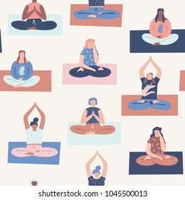 Women Yoga Meditation Class Seamless Pattern In Vector.