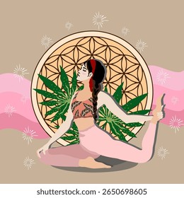 Women yoga and mindfulness  meditation on flower of life background.Conceptual for meditation,spiritual healing,wellness ,healthy lifestyle. Vector illustration in flat style.