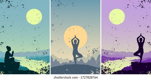 Women yoga outdoors - set of postcards with a grunge effect. Girl practice meditation in nature. Silhouette of woman on landscape background. Vector template of healthy lifestyle of people.