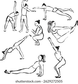 Women yoga poses doodle set, textured line art illustration,