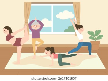 women yoga in room character illustration