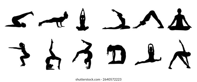 Women yoga silhouette collection in black. Set of yoga poses. Black girl makes yoga exercise