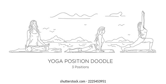 Women Yoga Workout Position Set. doing fitness and yoga exercises. Relaxing,  Nature, Mountain, Lake, Vector Illustration, Doodle art, White Background, 