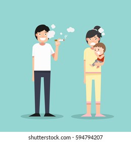 Women And Young Boy. Smelly Cigarette Man Smoking. Vector Illustration