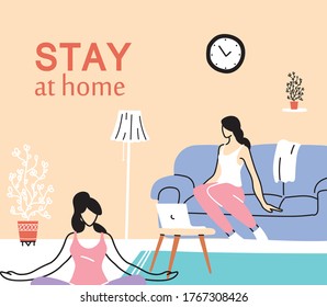 women young exercising at home vector illustration desing