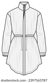 Mujeres Zip Up High Neck Drawstring Waist Winter Long Coat Jacket Moda Ilustración, Vector, CAD, Dibujo Técnico, Plano Plano, Plantilla, Mockup