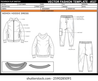 WOMEN ZIPPER HOODIE T SHIRT DRAWING SKETCH PATTERN TEMPLATE TECHNICAL DRAWING ILLUSTRATION