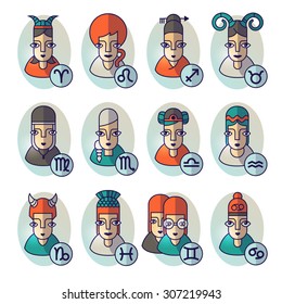Women zodiac signs. Female horoscope. Set of women portraits.