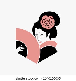 Women,Japanese Ukiyo-e style, with fan vector symbol design
translation: Ukiyo-e is a traditional Japanese woodblock print or painting.