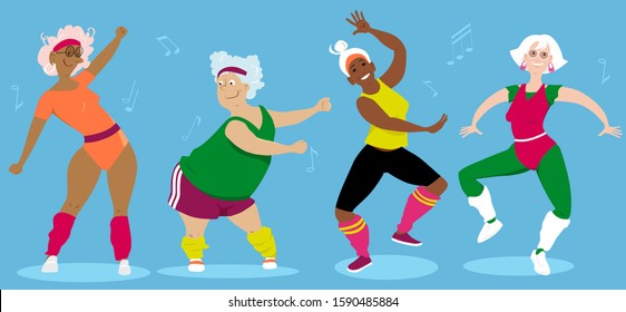 Women-only senior aerobic group workout, EPS 8 vector illustration