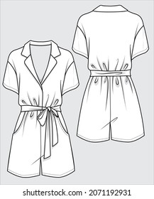 WOMENPLAYSUIT WITH COLLAR AND FABRIC BELT IN VECTOR FILE