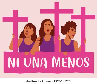 WomenProtesters agains disappearance or femicides of women in Mexico. They hold a banner said: "ni una menos" means "no one more girl" Flat illustration. 