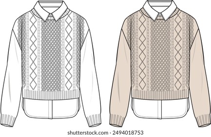 Women's 2 in 1 Cable Jumper. Technical fashion illustration. Front and back, white and beige colour. Women's CAD mock-up.