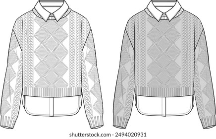 Women's 2 in 1 Cable Jumper. Technical fashion illustration. Front, white and grey color. Women's CAD mock-up.