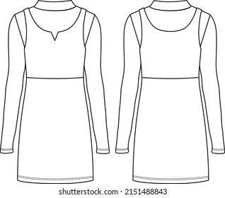 Women's 2 in 1 Dress. Dress technical fashion illustration. Flat apparel dress template front and back, white colour. Women's CAD mock-up.