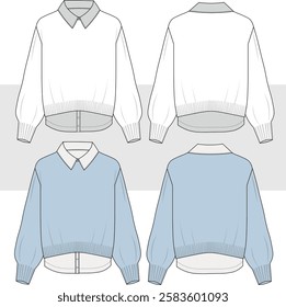 Women's 2 in 1 Jumper sweater with shirt drawing Technical fashion illustration. Front and back. Women's CAD mock-up.