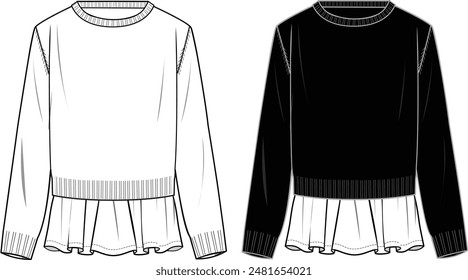 Women's 2 in 1 Jumper. Technical fashion illustration. Front, white and black colour. Women's CAD mock-up.