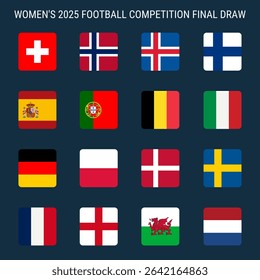 Women's 2025 Football competition teams square flag icons with rounded corners