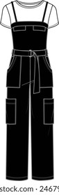 Women's 2-in-1 Jumpsuit. Technical fashion illustration. Front, black color. Women's CAD mock-up.