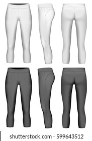 Women's 3/4 length compression leggings. Vector illustration. Leggings black and white variants.