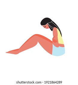 Bauchschmerzen von Frauen bei PMS. Vektor handgezeichnet Illustration eines traurigen Mädchen, hormonelle Versagen. Das Konzept der Gesundheit von Frauen und der Gesundheitsversorgung. Weibliches Design. Prämenstruelles Syndrom.