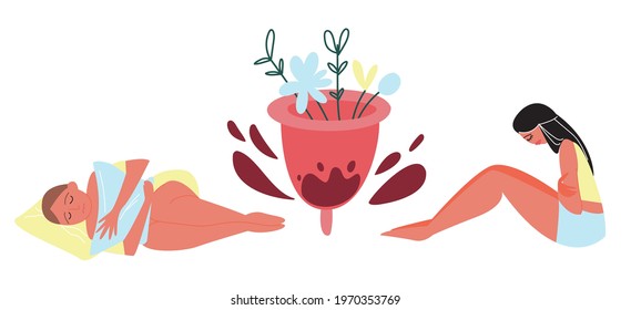 Women's abdominal pain in PMS. Vector hand-drawn illustration of a sad girl, hormonal failure. The concept of women's health and healthcare. Feminine design. Premenstrual syndrome. Menstrual cup.