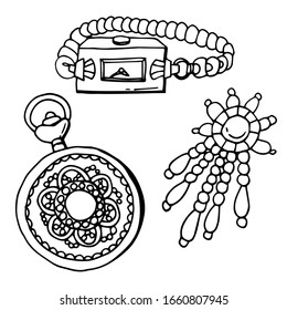 Women's accessories of 1920. Art Deco. Watch, locket, brooch. Line art. Stock illustration. Isolated over white background.