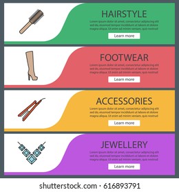 Women's accessories banner templates set. Hair brush and straightener, high shoe, necklace. Website menu items. Color web banner. Vector headers design concepts