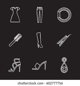 Women's accessories chalk icons set. Sun frock, skinny jeans, hair scrunchy, straightener and brush, high heel boot and shoes, earring. Isolated vector chalkboard illustrations
