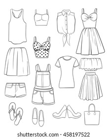 Womens accessories and clothes line icons set. Fashion Garments.