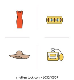 Women's accessories color icons set. Sleeveless evening dress, metal bracelet, hat, perfume. Isolated vector illustrations