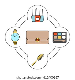 Women's accessories color icons set. Nail polish bottles, eyeshadow, hair brush, wristwatch, purse. Isolated vector illustrations