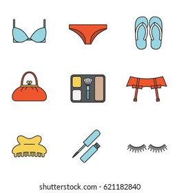 Women's accessories color icons set. Underwear garters, bra and panties, flip flops, purse, blusher, claw hair clip, eyelashes, lip gloss. Isolated vector illustrations