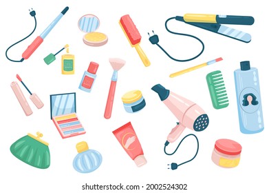 Womens accessories cute elements isolated set. Collection of hair curler, nail polish, comb, mascara, shampoo, hairdryer, face cream and other cosmetic. Vector illustration in flat cartoon design