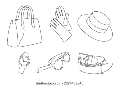 Women's accessories drawn in one continuous line. One line drawing, minimalism. Vector illustration.