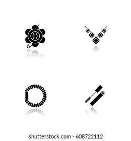 Women's accessories drop shadow black icons set. Brooch, necklace, hair scrunchy, mascara. Isolated vector illustrations