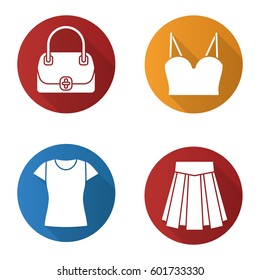 Women's accessories flat design long shadow icons set. Handbag, top, skirt, t-shirt. Vector silhouette illustration