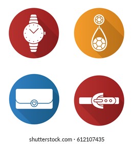 Women's accessories flat design long shadow icons set. Wristwatch, earring, clutch, leather belt. Vector silhouette illustration