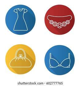 Women's accessories flat linear long shadow icons set. Gemstone necklace, sun frock, purse, bra. Vector line illustration
