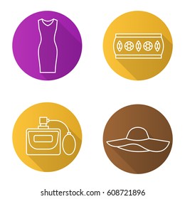 Women's accessories flat linear long shadow icons set. Sleeveless evening dress, metal bracelet, hat, perfume. Vector line illustration