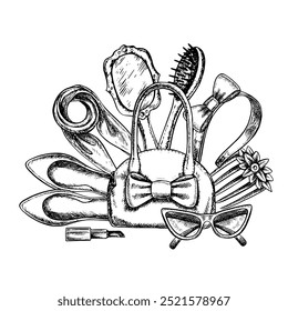 Acessórios femininos, clipes de cabelo, sapatos femininos, perfumes e uma bolsa. Gráficos vetoriais em preto e branco feitos à mão. Ilustrações em um fundo branco. Para etiquetas, cartões postais, banners e folhetos.