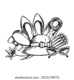 Acessórios para mulheres, clipes de cabelo, sapatos para mulheres, óculos e uma bolsa. Gráficos vetoriais em preto e branco feitos à mão. Ilustrações em um fundo branco. Para cartões postais, etiquetas, banners, panfletos do Dia da Mulher