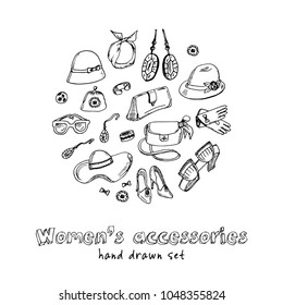Womens accessories hand drawn doodle set. Sketches. Vector illustration for design and packages product. Symbol collection.