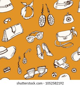 Womens accessories hand drawn doodle seamless pattern. Sketches. Vector illustration for design and packages product. Symbol collection.