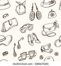 Womens accessories hand drawn doodle seamless pattern. Sketches. Vector illustration for design and packages product. Symbol collection.