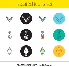 Women's accessories icons set. Linear, black and color styles. Gemstone necklace, earring, wristwatch. Isolated vector illustrations