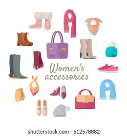 Women's accessories isolated on white. Vector set with hand drawn colored object on theme of fashion. Fashionable clothes for woman. Sketches for use in design. Bags, shoes, hats and scarves. Vector